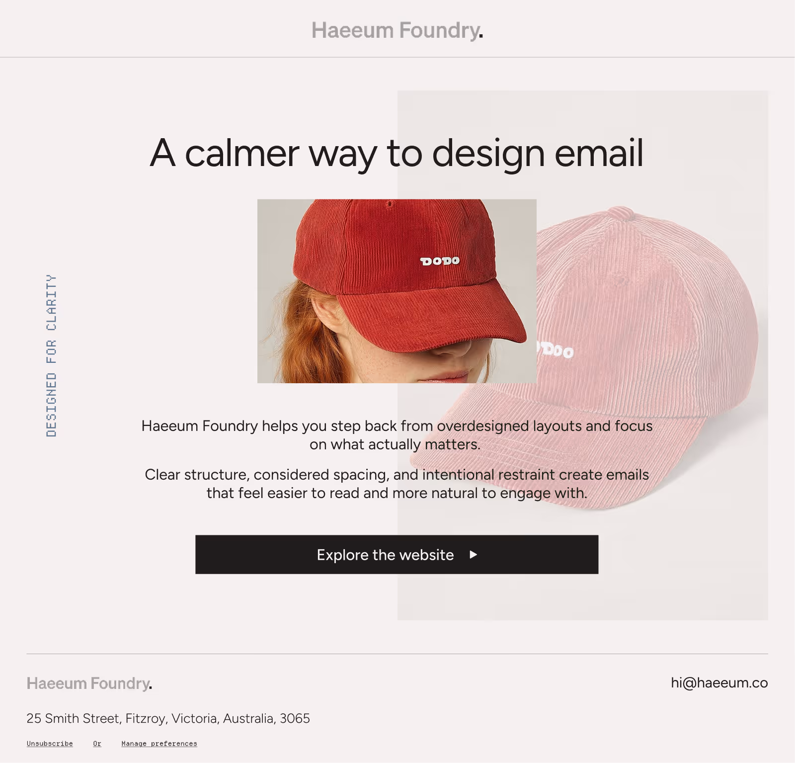 Email design promo showing woman in red cap with DODO logo and text about clearer email layout.