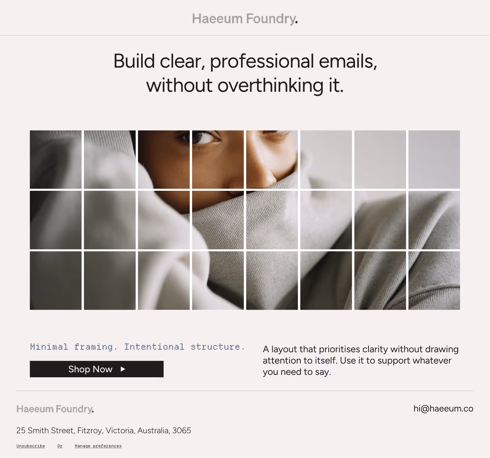 Segmented image of a person partially covering their face with a sweater, promoting clear professional emails.
