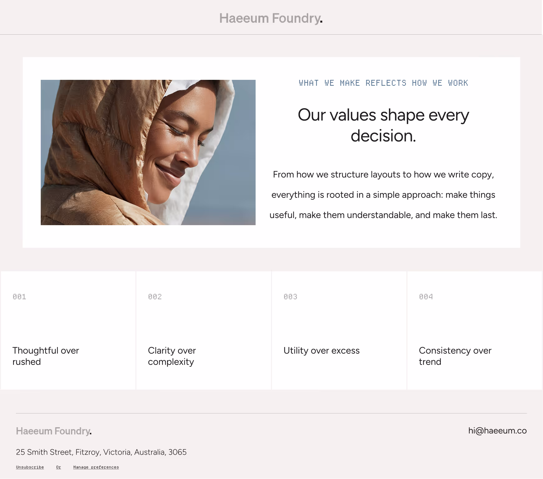 Smiling person in a brown hooded jacket next to text about values shaping decisions and four principles listed.