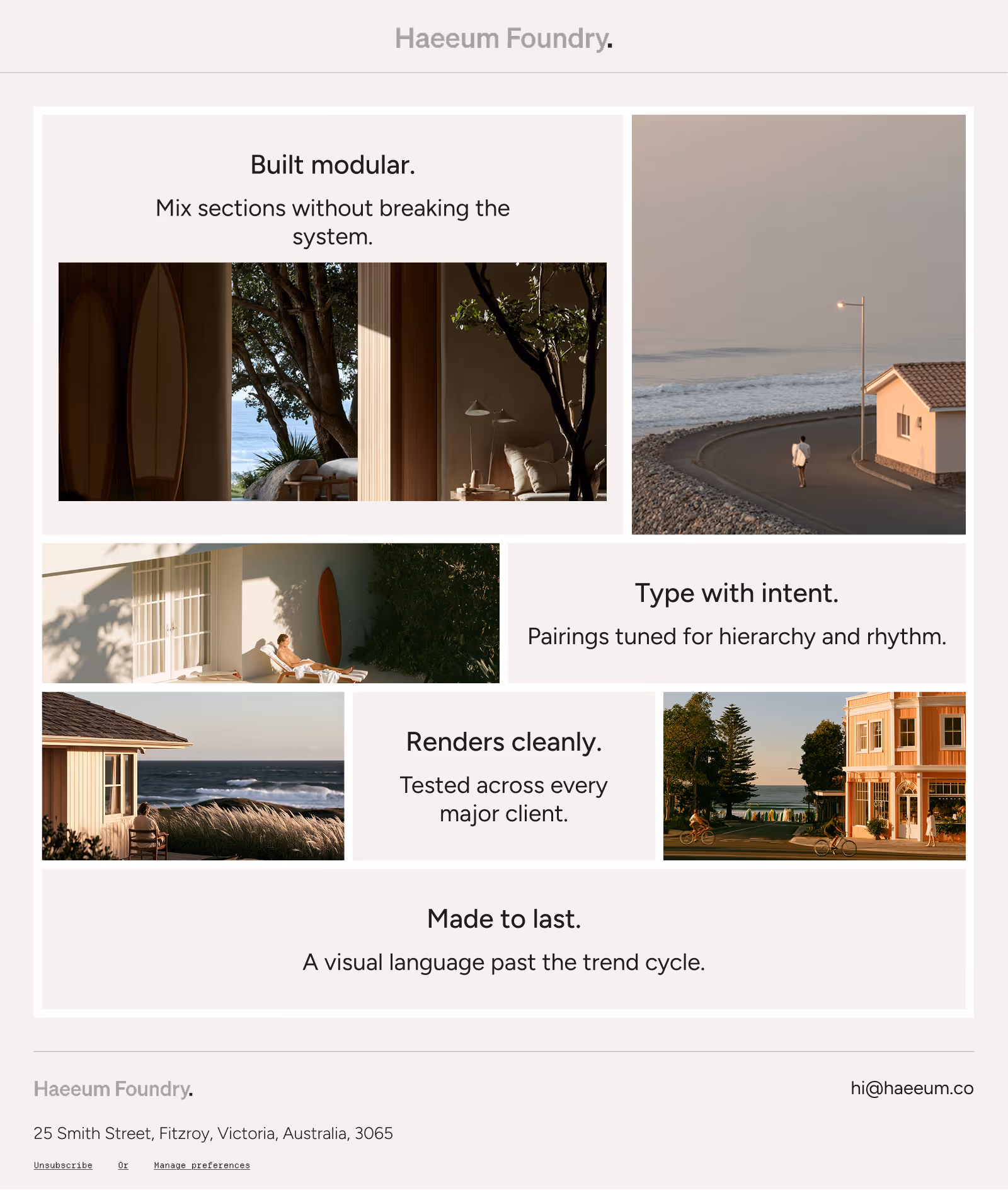 Collage with text about modular design, typography intent, clean rendering, and lasting visual language.