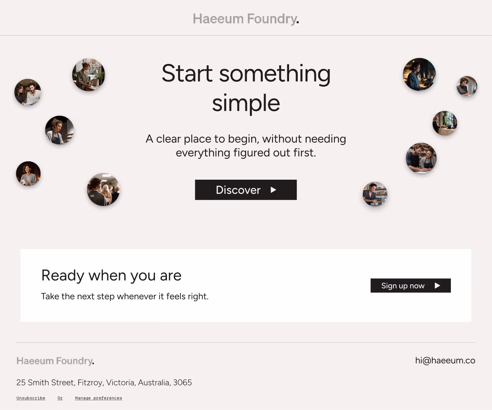Website section with text 'Start something simple' and circular images of people around a Discover button.
