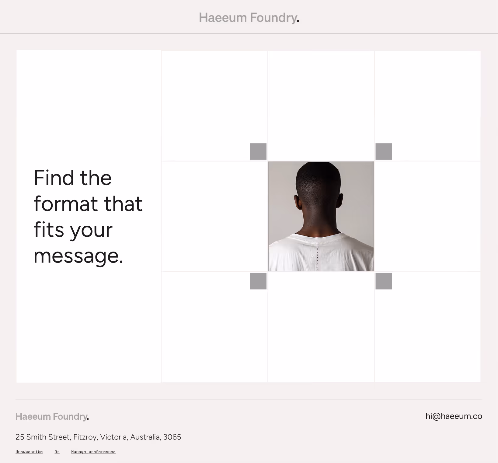 Back view of a person in a white shirt centered in a grid with text 'Find the format that fits your message.'