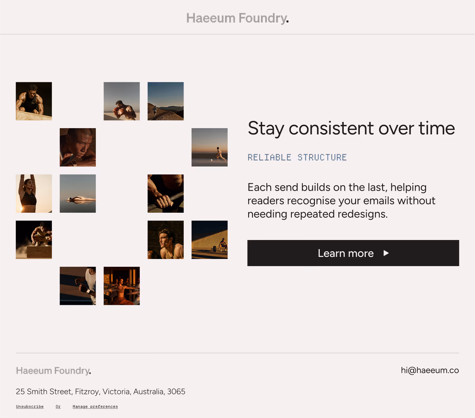Fitness photos arranged in a circle with text about consistent email design and a Learn more button.